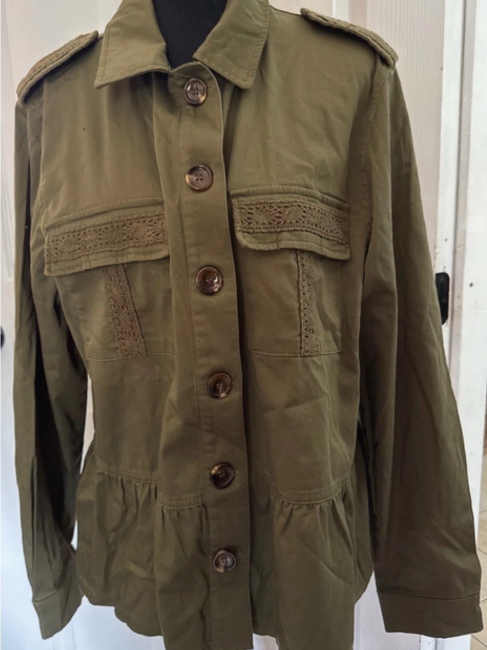 Women’s Olive Utility Jacket with Crochet Trim